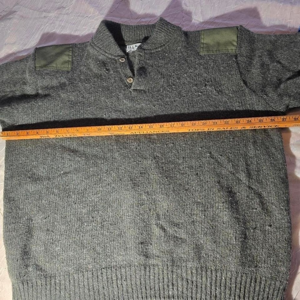 L.L. Bean Mens Commando Wool Sweater Grey Shawl Neck Shoulder Patch XL Vintage